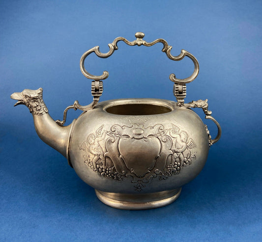 Pewter Teapot by Etain Zinn.  Etched with Heart and Cupids Antique Teapot. Spout Shaped like Eagle. Back Handle with Lion. - Tampa Home & Garden Store