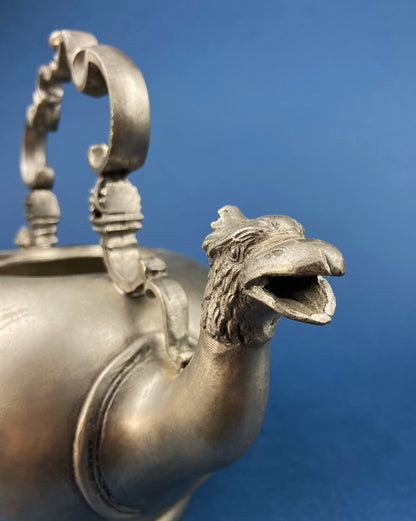 Pewter Teapot by Etain Zinn.  Etched with Heart and Cupids Antique Teapot. Spout Shaped like Eagle. Back Handle with Lion. - Tampa Home & Garden Store