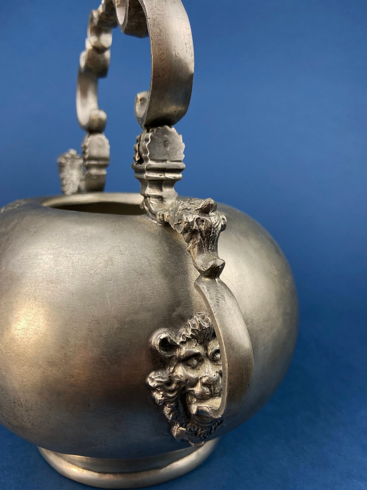 Pewter Teapot by Etain Zinn.  Etched with Heart and Cupids Antique Teapot. Spout Shaped like Eagle. Back Handle with Lion. - Tampa Home & Garden Store