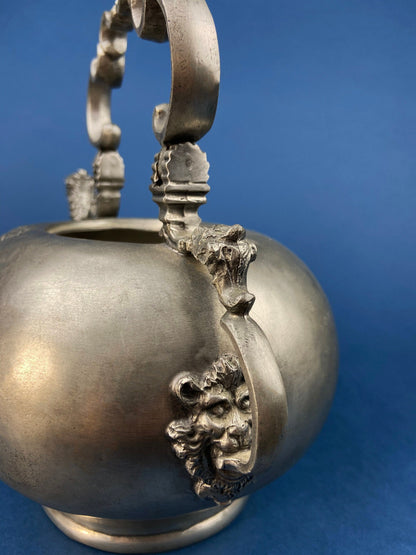 Pewter Teapot by Etain Zinn.  Etched with Heart and Cupids Antique Teapot. Spout Shaped like Eagle. Back Handle with Lion. - Tampa Home & Garden Store