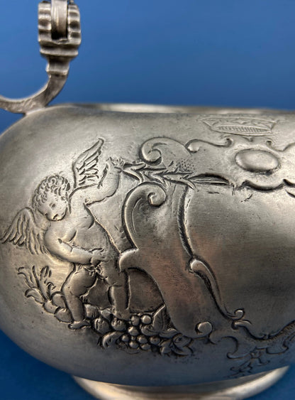 Pewter Teapot by Etain Zinn.  Etched with Heart and Cupids Antique Teapot. Spout Shaped like Eagle. Back Handle with Lion. - Tampa Home & Garden Store
