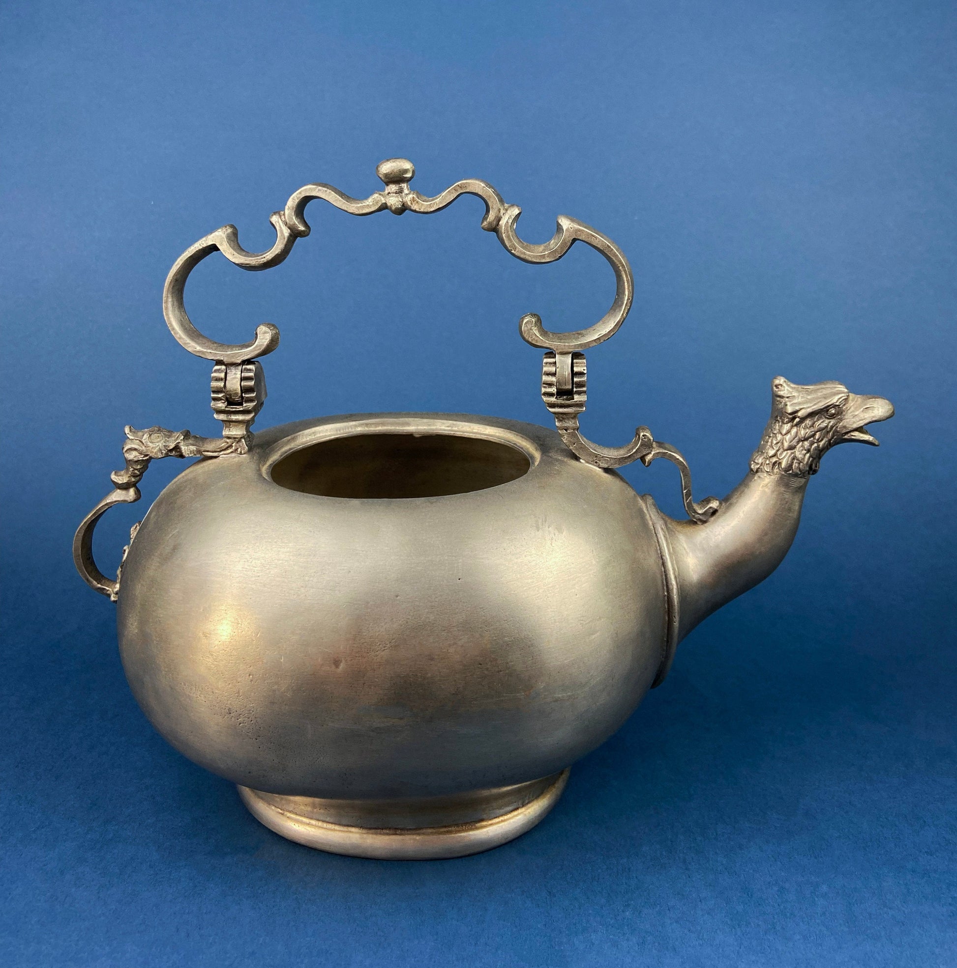 Pewter Teapot by Etain Zinn.  Etched with Heart and Cupids Antique Teapot. Spout Shaped like Eagle. Back Handle with Lion. - Tampa Home & Garden Store