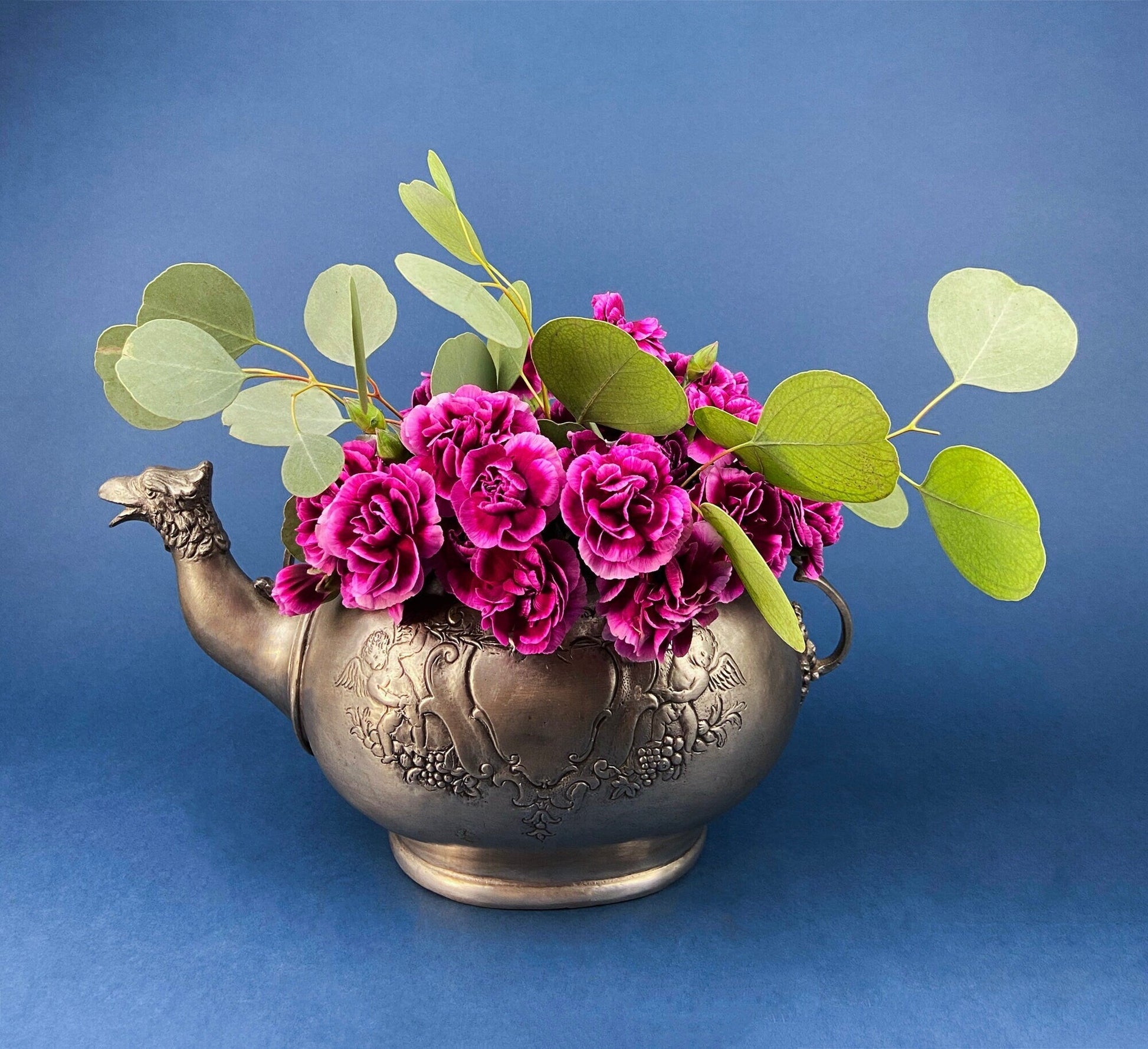 Pewter Teapot by Etain Zinn.  Etched with Heart and Cupids Antique Teapot. Spout Shaped like Eagle. Back Handle with Lion. - Tampa Home & Garden Store