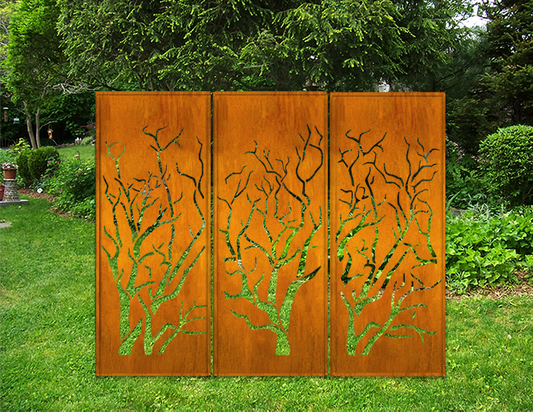 Rustica Ornamentals outdoor metal privacy panels (3-panel set) rust steel with tree cutouts on Tampa Home & Garden Store