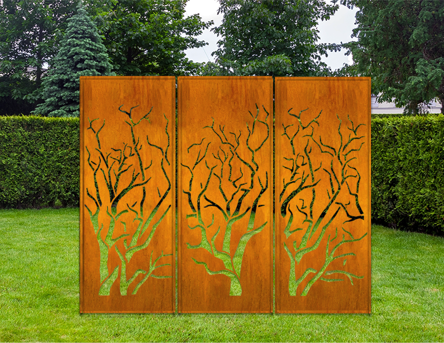 Three-panel heavy-duty steel privacy screen with rust-brown panels and green tree silhouettes on Tampa Home & Garden Store