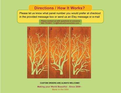 Privacy Panels outdoor wall art 3-panel triptych by Rustica Ornamentals, orange-brown panels with pale green tree branches, 46-inch on Tampa Home & Garden Store