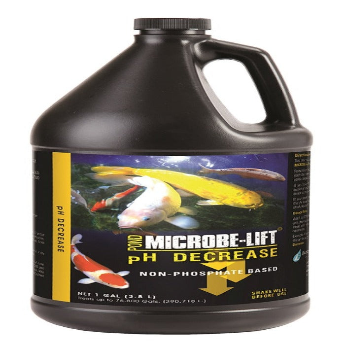 Microbe-Lift pH Decrease liquid bottle by Rivendell Distribution, black jug with koi label on Tampa Home & Garden Store