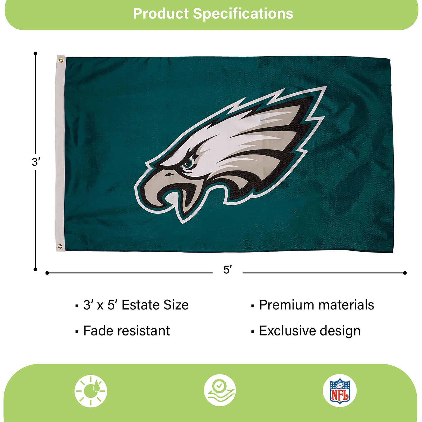 Philadelphia Eagles Single Sided Estate Flag with 2 Grommets, 3'x5' - Tampa Home & Garden Store