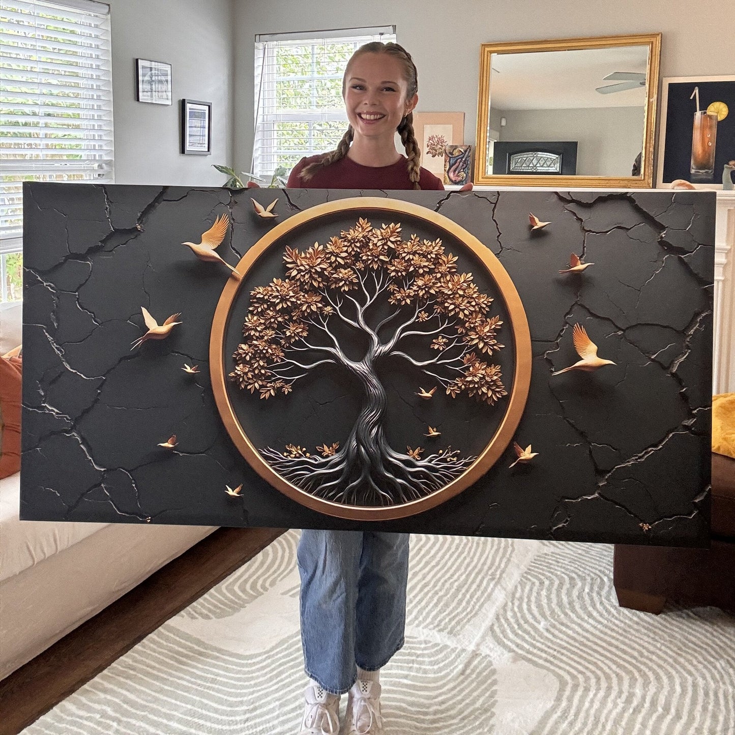 3D Celtic Tree of Life Wall Art IV canvas with gold ring frame and gold tree on black backdrop on Tampa Home & Garden Store