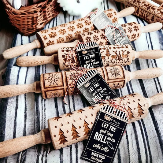 Christmas rolling pin set by Gia Roma with wooden pins featuring snowflakes and reindeer on Tampa Home & Garden Store