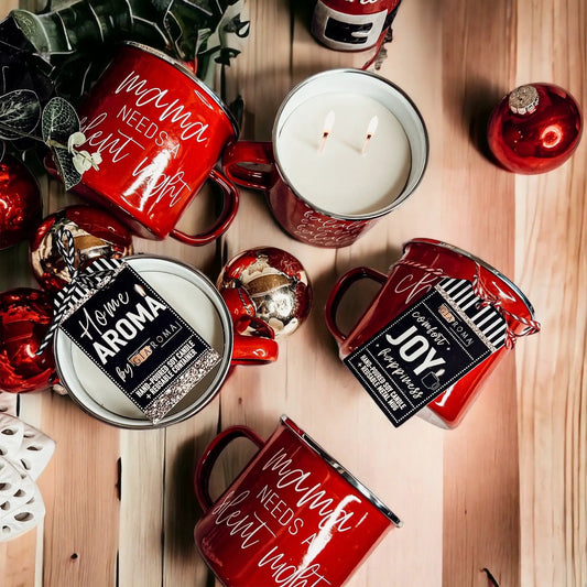 Set of red Gia Roma 16oz Holiday Candle Mugs with white script on Tampa Home & Garden Store
