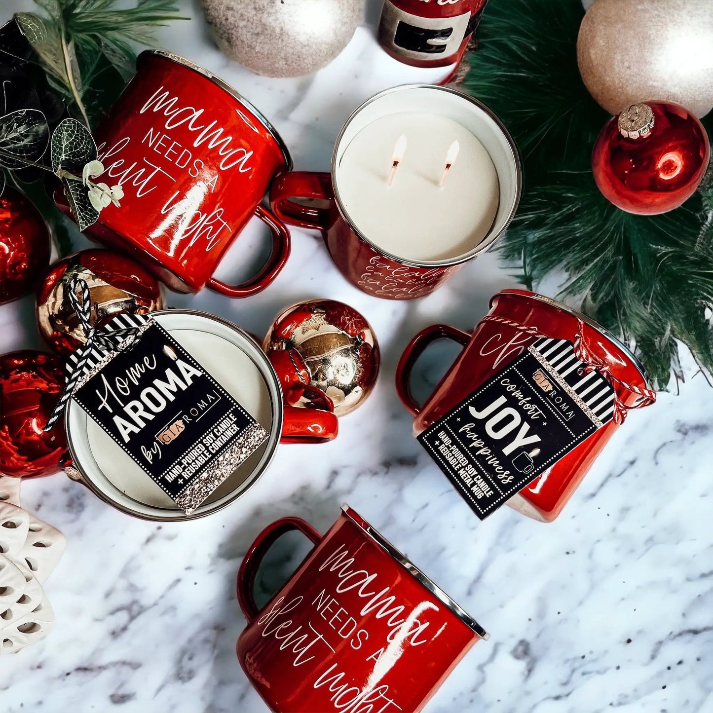 16oz Holiday Candle Mug in Red Metal Choose Scent