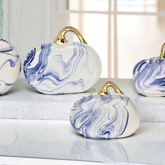Martha Blue Pumpkin Plates by Gia Roma, blue marbled ceramic pumpkins with gold stems set of 3 on Tampa Home & Garden Store