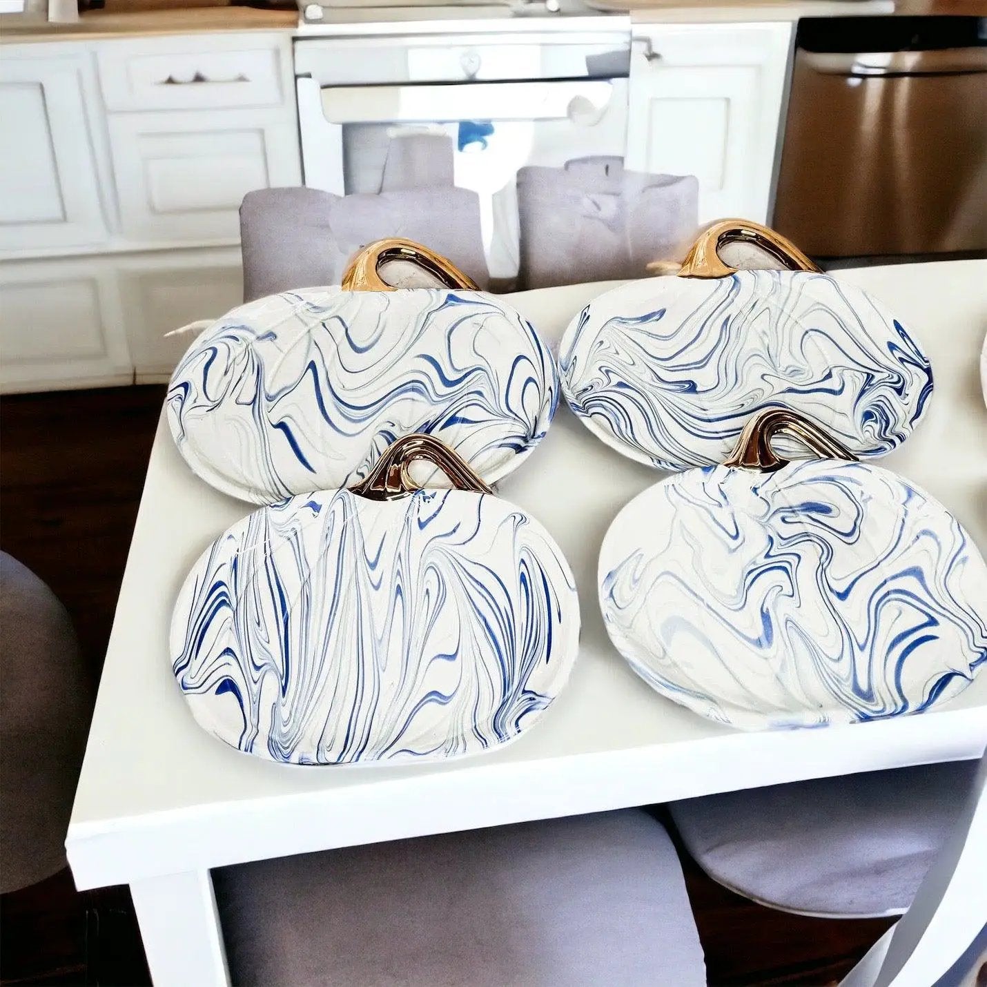 Martha Blue Marble Pumpkin Plate with Gold Stem