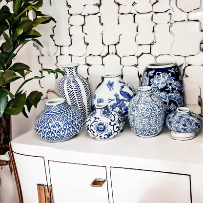 Samira blue porcelain vases Gia Roma in blue and white with floral patterns on white cabinet on Tampa Home & Garden Store
