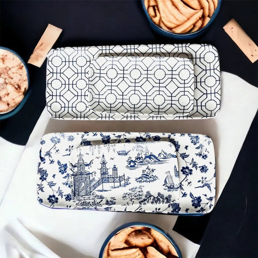 Chinoiserie serving set 4pc Gia Roma blue-and-white porcelain trays with lattice on Tampa Home & Garden Store