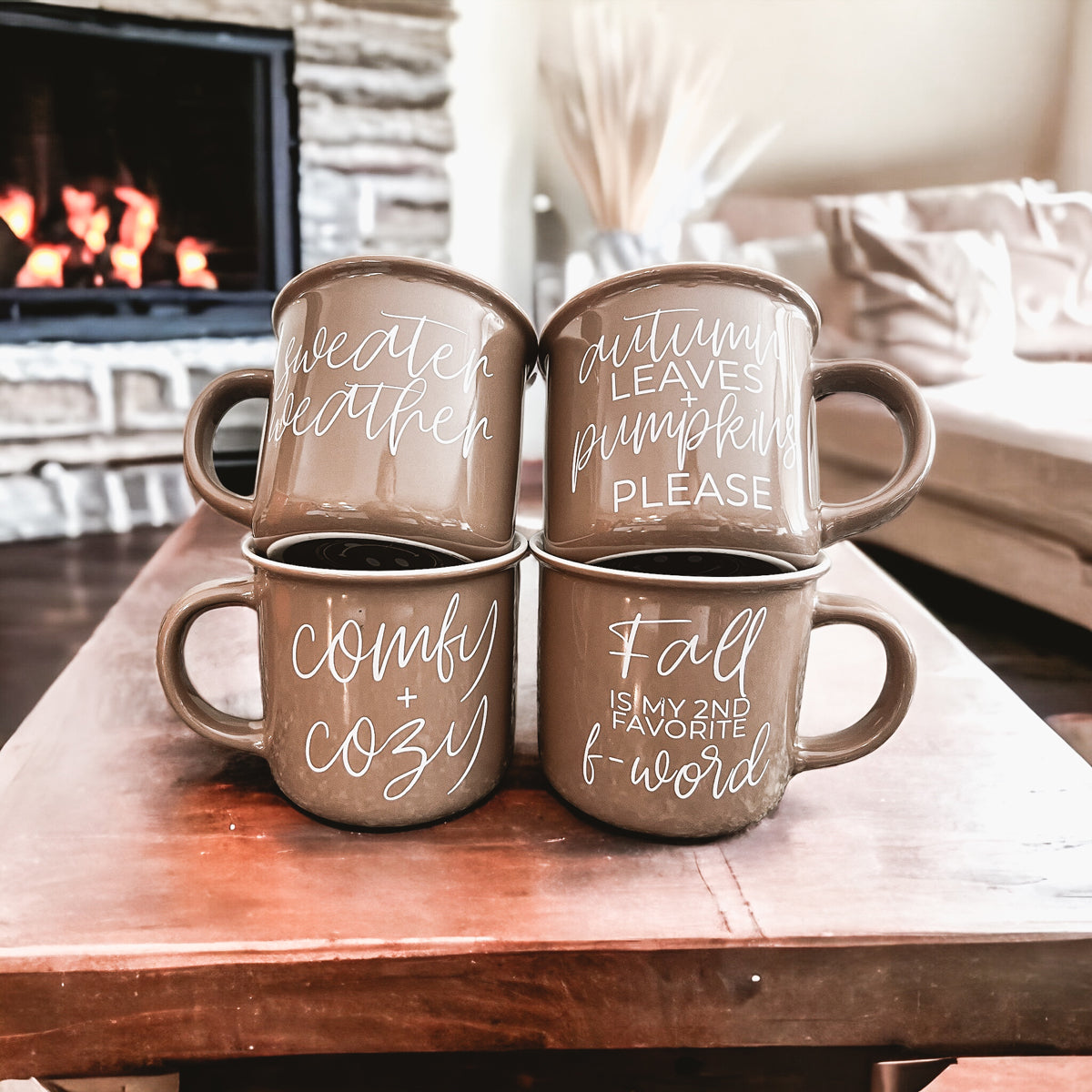 Autumn Leaves coffee mug set by Gia Roma: four brown ceramic mugs with white script lettering on Tampa Home & Garden Store