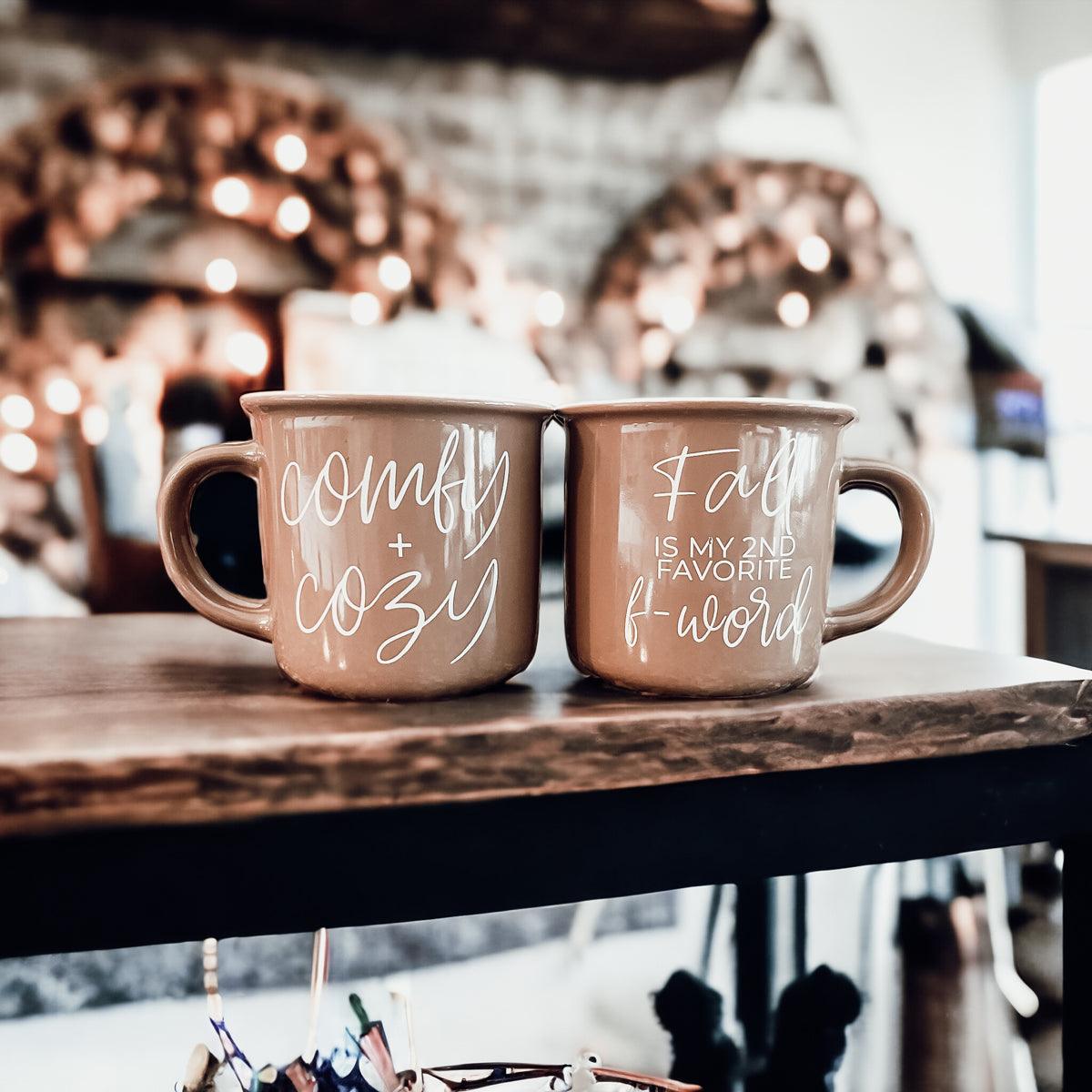 Coffee mugs set of 2 Gia Roma, brown ceramic with white script Comfy + Cozy on Tampa Home & Garden Store