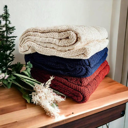 Cozy Ivory Cable Knit Throw Blanket for Home