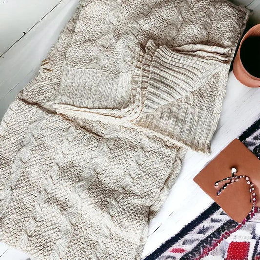 Cozy Ivory Cable Knit Throw Blanket for Home