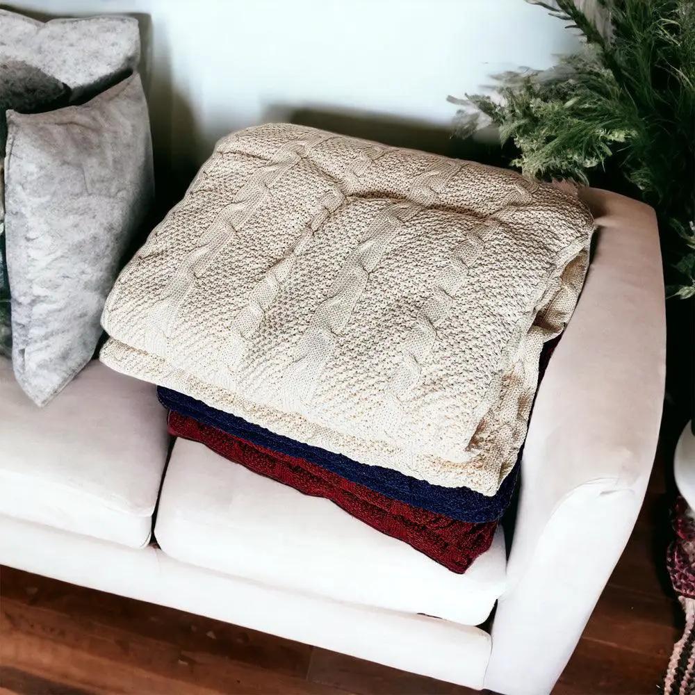 Cozy Ivory Cable Knit Throw Blanket for Home