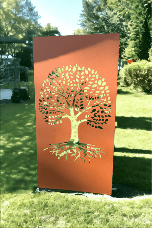 Metal privacy screen Tree of Life wall art in rust finish by Rustica Ornamentals on Tampa Home & Garden Store