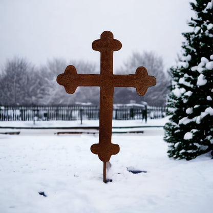 Memorial Cross garden sculpture by Rustica Ornamentals, 25-inch rusted metal in snowy yard on Tampa Home & Garden Store