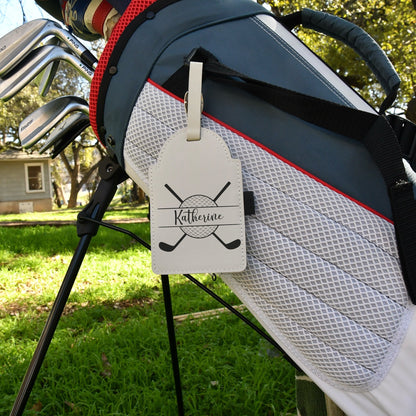 Texas A&M Leather Golf Tee Holder by Ryan's Woodworking leather attached to a golf bag on Tampa Home & Garden Store