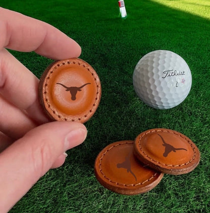 Texas Longhorn Leather Golf Ball Marker Set of 2 in brown leather by Ryan's Woodworking on Tampa Home & Garden Store