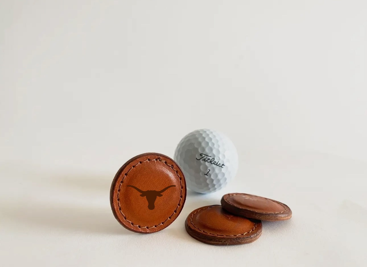 Texas Longhorn Leather Golf Ball Marker 2-pack by Ryan's Woodworking brown leather on Tampa Home & Garden Store