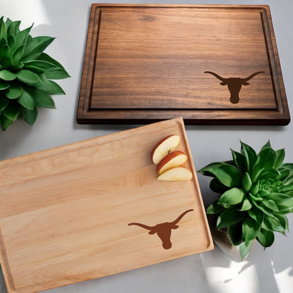 Texas Longhorns maple walnut cutting boards by Ryan's Woodworking Longhorn logo, two boards on Tampa Home & Garden Store