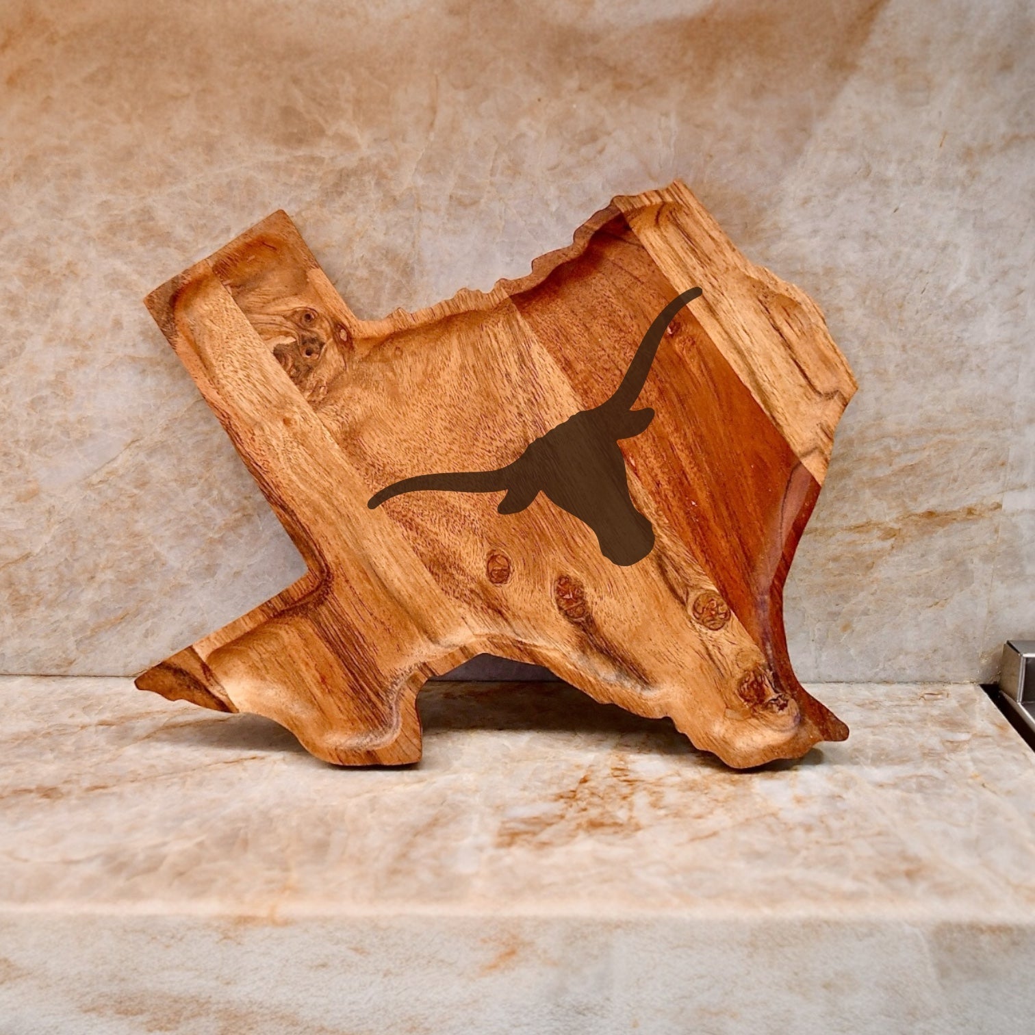Texas Longhorns serving tray in natural wood with dark longhorn silhouette on Tampa Home & Garden Store