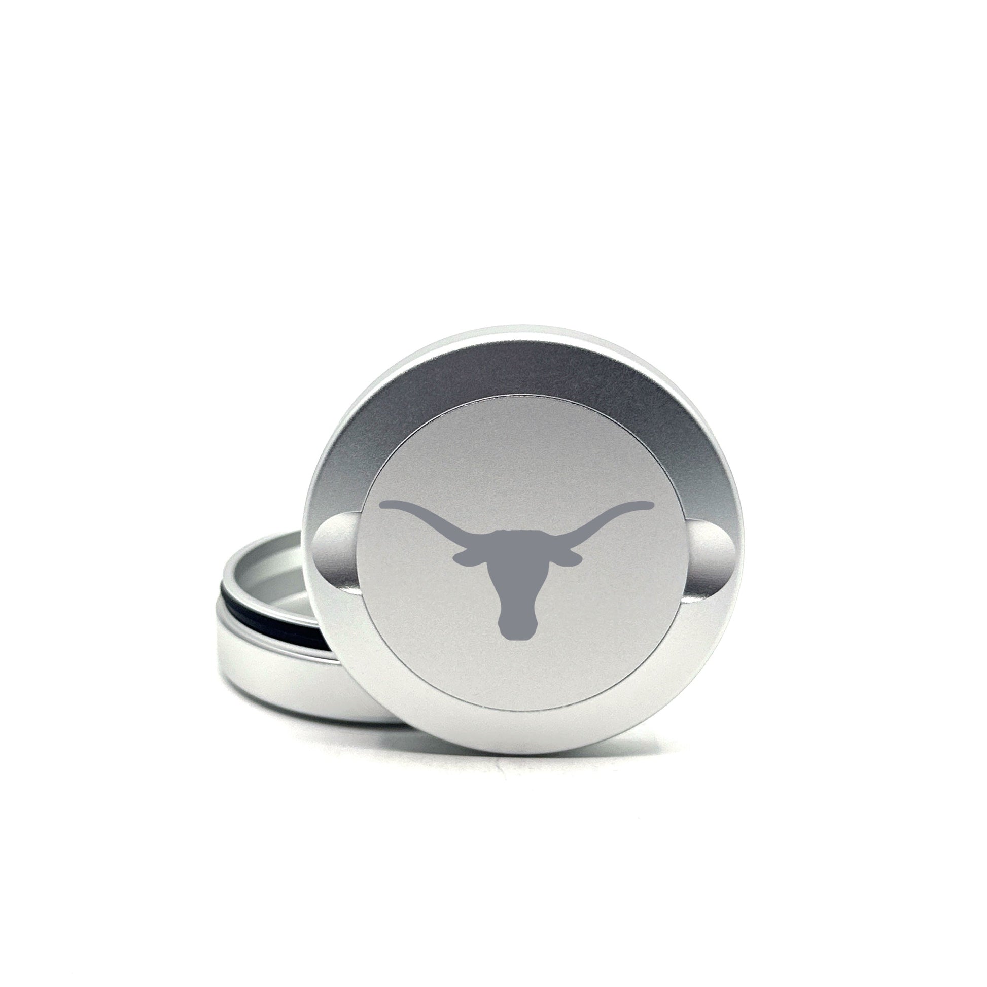 Texas Longhorns metal nicotine pouch can lid with longhorn silhouette, silver stacked cans on Tampa Home & Garden Store