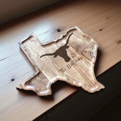 Texas-shaped wooden serving tray with longhorn silhouette and natural wood finish on Tampa Home & Garden Store