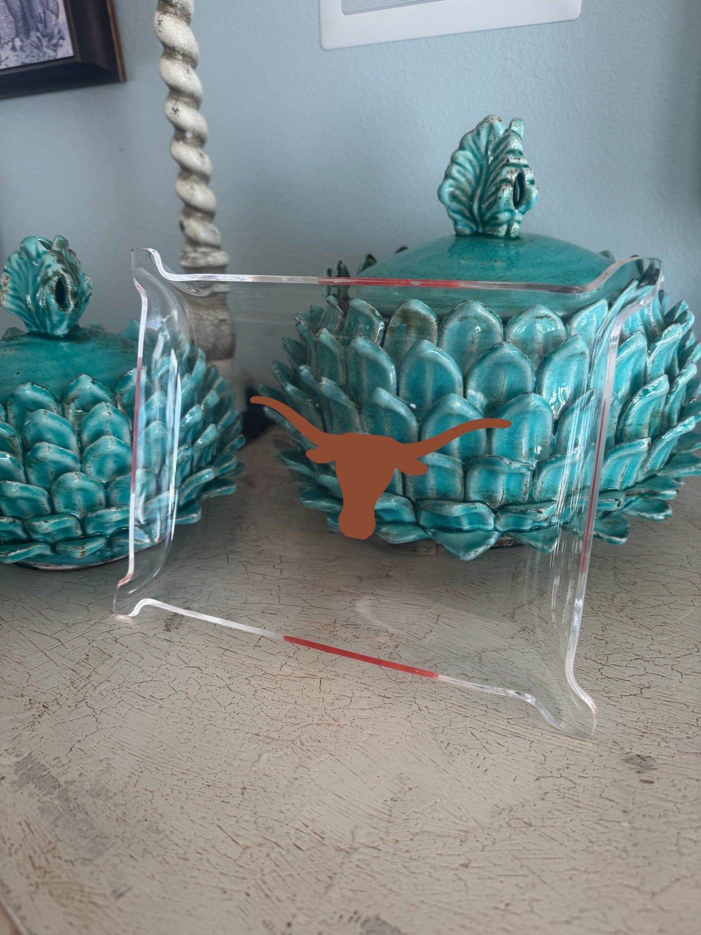 Texas Longhorns acrylic serving tray with teal sculpted leaf motif and clear sides on Tampa Home & Garden Store