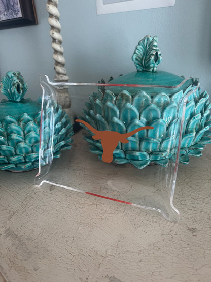 Texas Longhorns acrylic serving tray with teal sculpted leaf motif and clear sides on Tampa Home & Garden Store