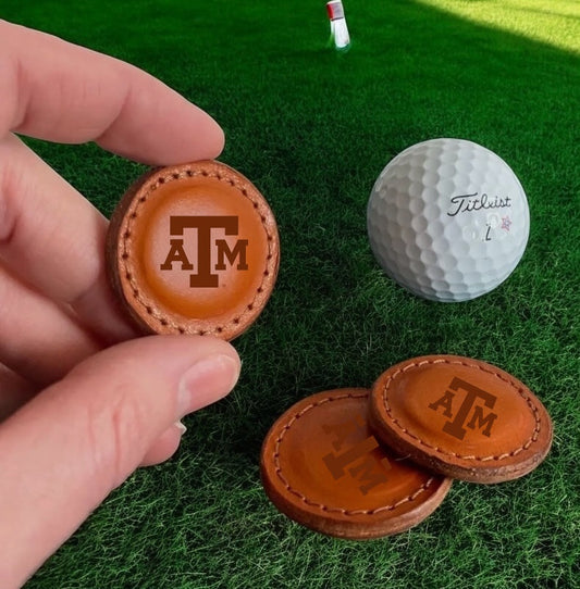 Texas A&M golf ball markers set of 2 by Ryan's Woodworking brown leather TAM logo on Tampa Home & Garden Store
