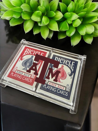 Texas A&M acrylic playing card box holds 2 decks; clear case with Bicycle Rider Back cards on Tampa Home & Garden Store