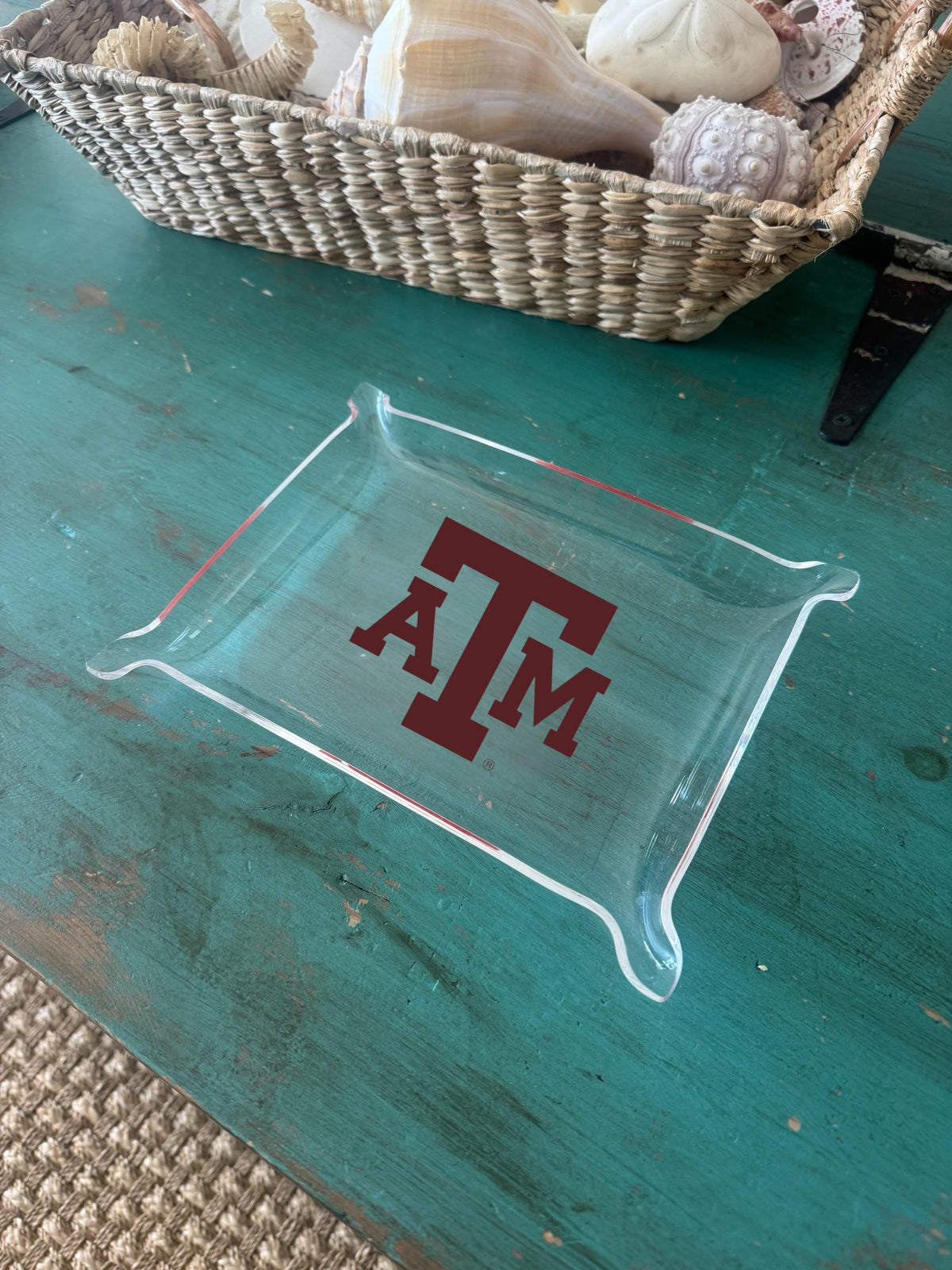 Texas A&M University acrylic tray, clear with red TAMU logo on Tampa Home & Garden Store