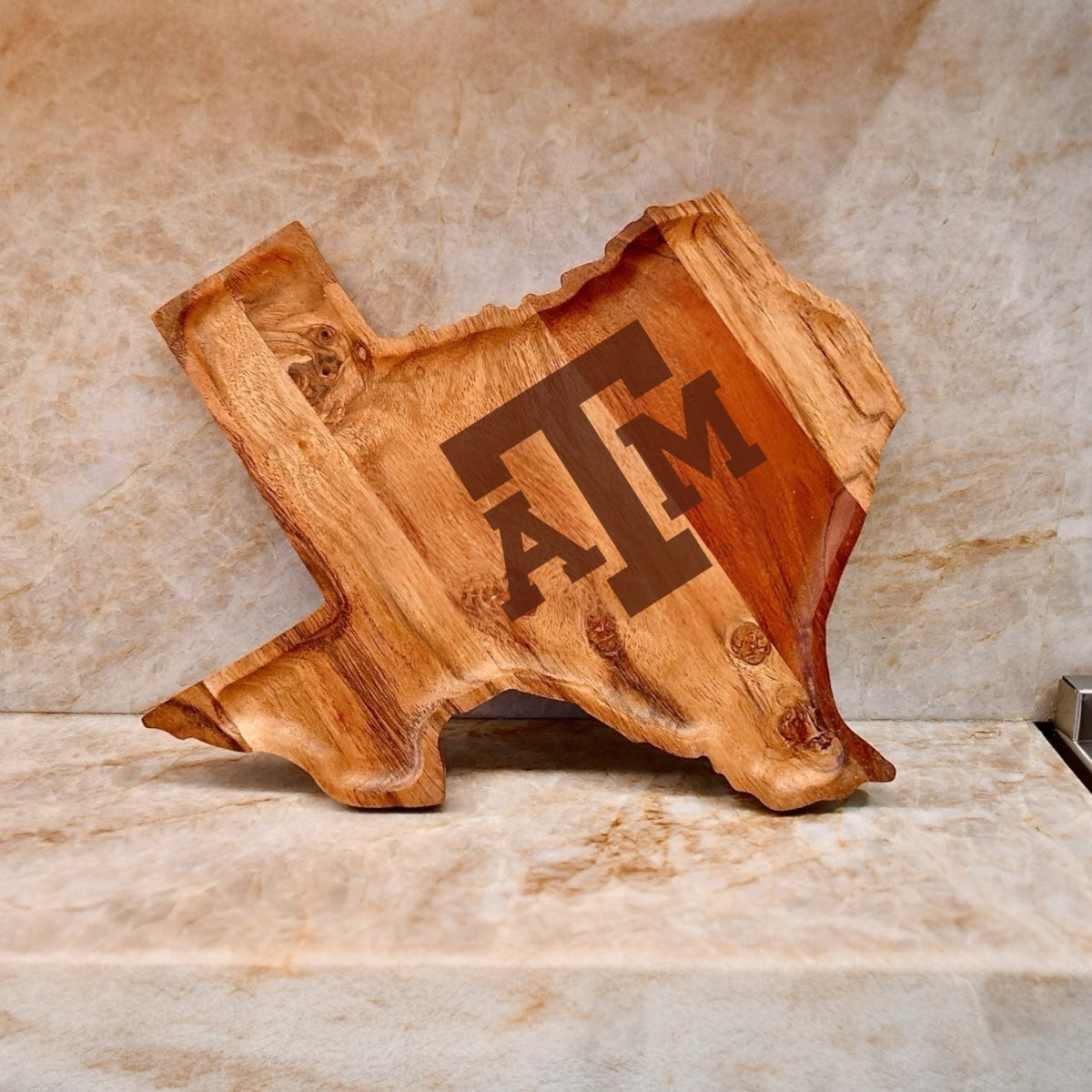 Texas A&M Texas Serving Tray by Ryan's Woodworking, natural live-edge wood with dark TAM logo on Tampa Home & Garden Store