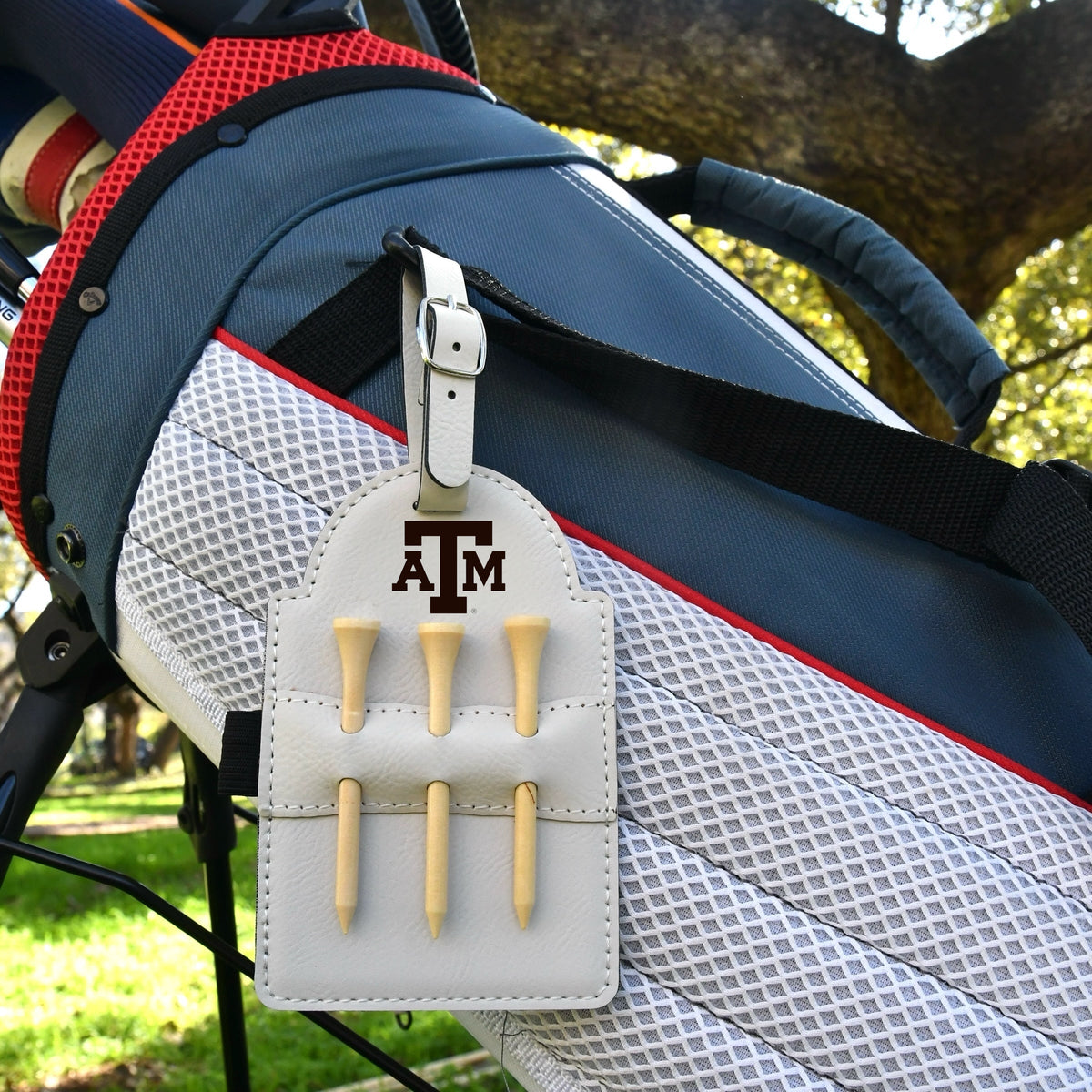 Texas A&M Leather Golf Tee Holder by Ryan's Woodworking; leather with TAM logo, holds 4 tees on Tampa Home & Garden Store