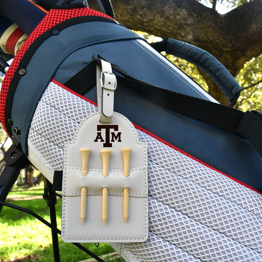 Texas A&M Leather Golf Tee Holder by Ryan's Woodworking; leather with TAM logo, holds 4 tees on Tampa Home & Garden Store