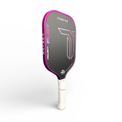 Thrive Fury elongated 15.5 mm pickleball paddle, gray face with pink accents, purple edge on Tampa Home & Garden Store