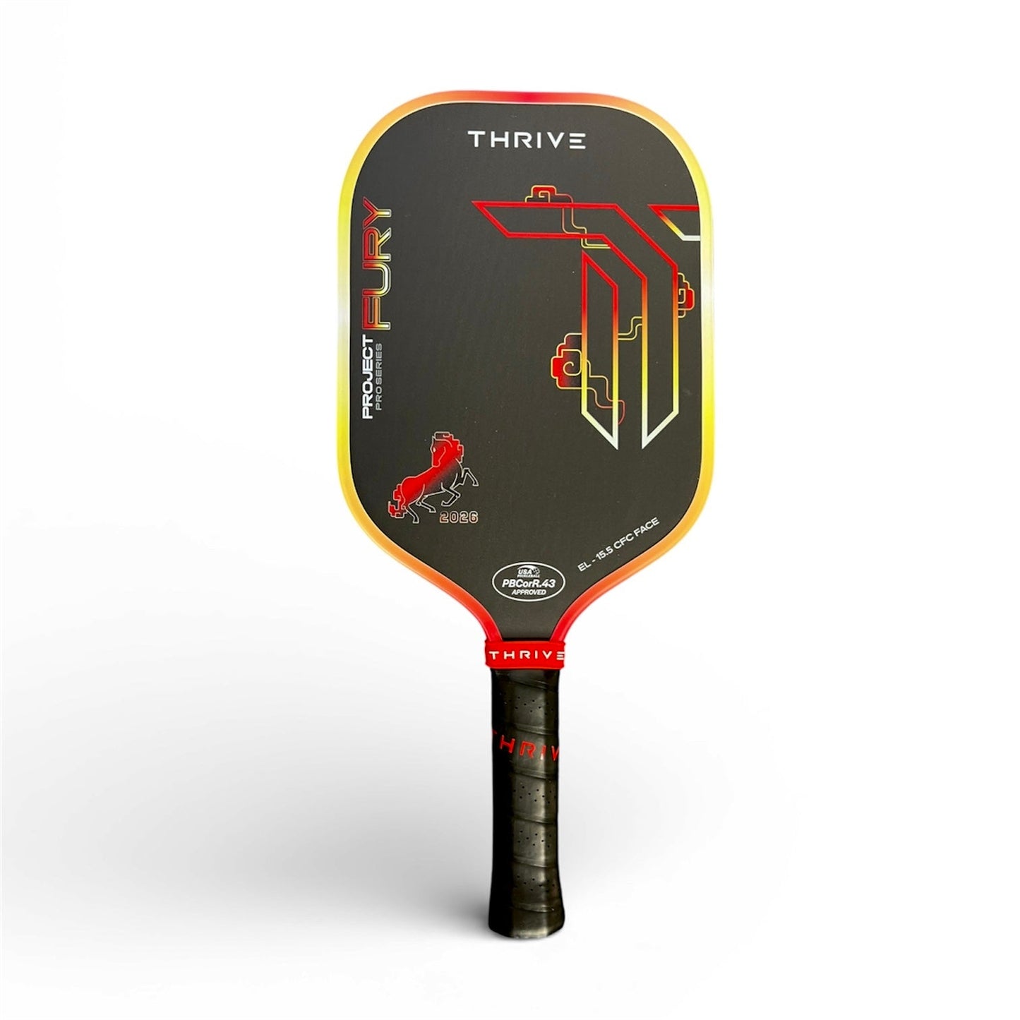 Thrive Pickleball paddle FURY EL 15.5mm black face with yellow-red gradient edge on Tampa Home & Garden Store