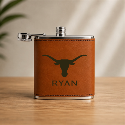 Texas Longhorns Leather Flask brown leather wrap, longhorn silhouette, silver cap branded RYAN on Tampa Home & Garden Store