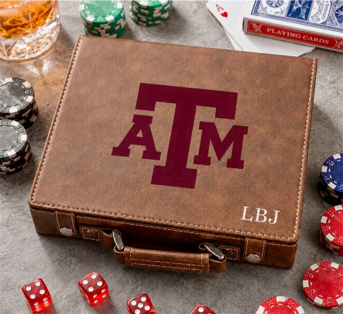 Leather poker set case with Texas A&M TAM logo and LBJ, 100-chip poker chips, leather on Tampa Home & Garden Store