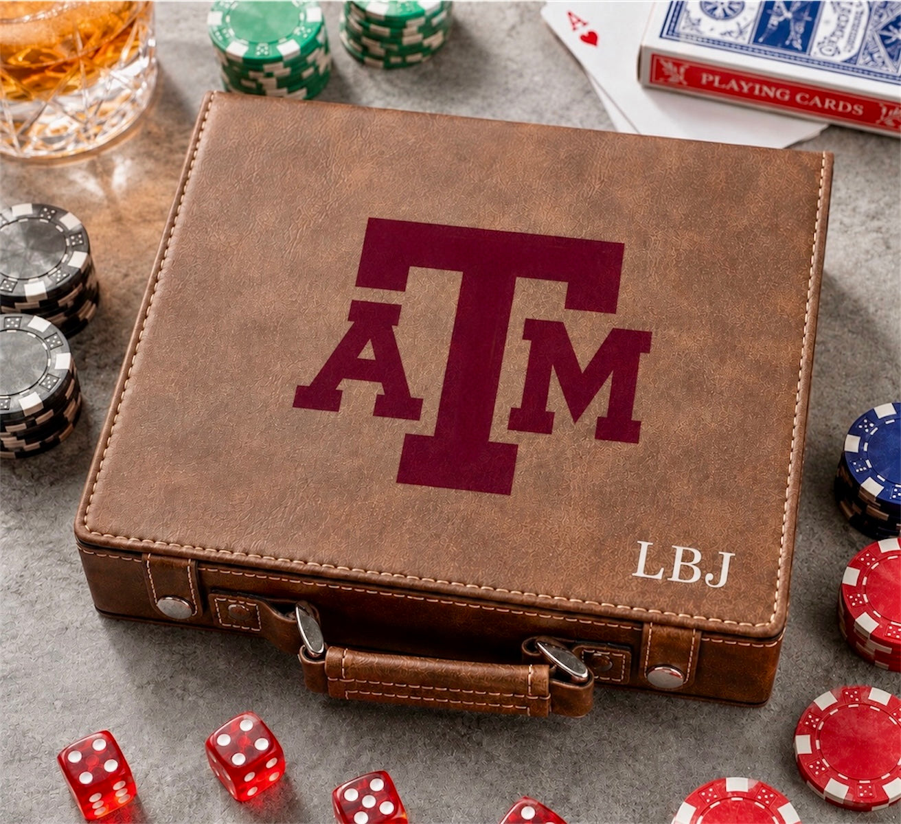 Leather poker set case with Texas A&M TAM logo and LBJ, 100-chip poker chips, leather on Tampa Home & Garden Store