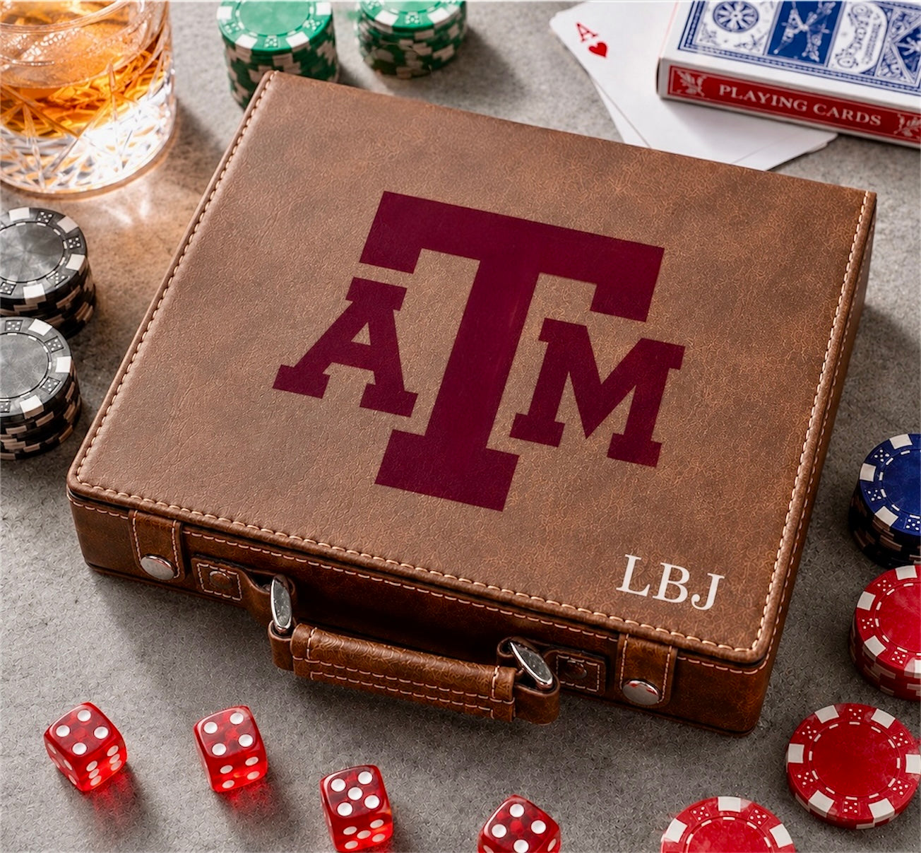 Leather poker set case with maroon Texas A&M logo LBJ 100 chips Ryan's Woodworking on Tampa Home & Garden Store