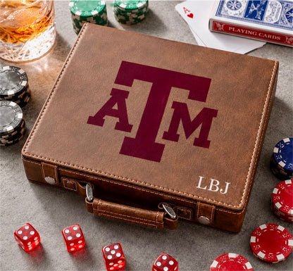 Leather poker set case with maroon Texas A&M logo LBJ 100 chips Ryan's Woodworking on Tampa Home & Garden Store