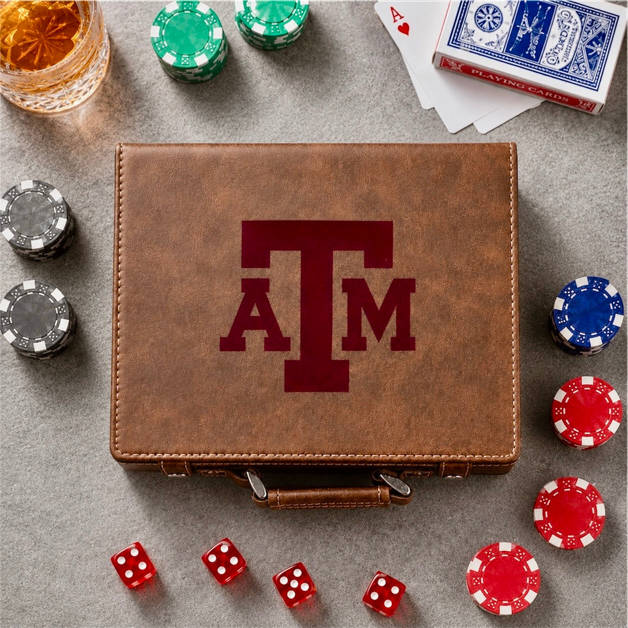 Texas A&M 100-Chip Leather Poker Set in brown case with TAM logo by Ryan's Woodworking on Tampa Home & Garden Store